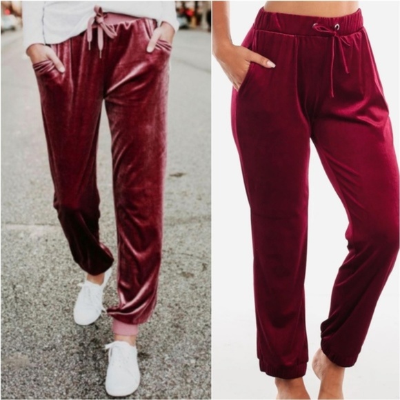MODA ME COUTURE Pants - EMILY Burgundy Velvet Joggers